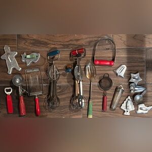 Vintage Kitchen Utensil Collection with Red Accents